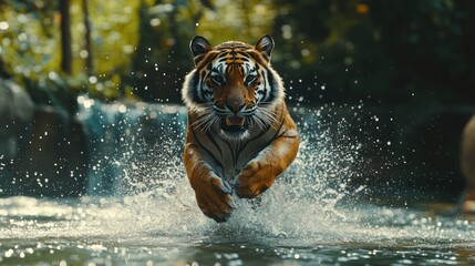 Tiger leaping waterfall jungle wildlife action