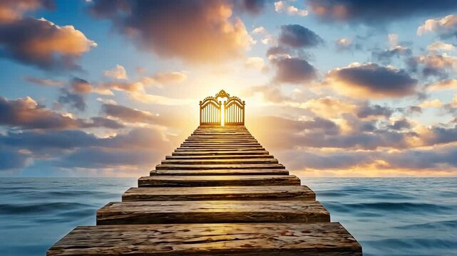 A magnificent staircase adorned with shimmering golden gates at the top, leading to a paradise filled with eternal peace and happiness.