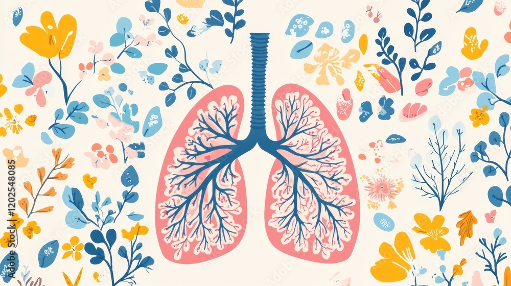 Poster lungs illustrated with colorful floral patterns in a creative display of art and nature. generative 