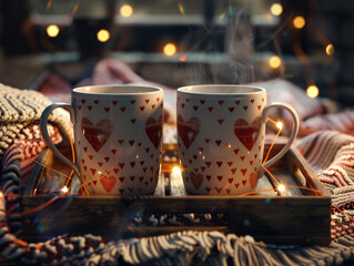 A pair of matching mugs with heart patterns on a rustic wooden tray, surrounded by a cozy ambiance of fairy lights and blankets.