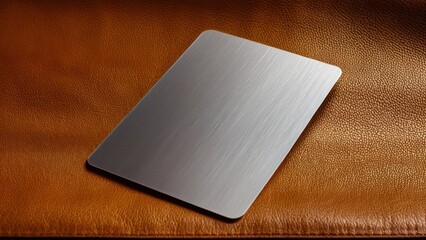 Fototapeta premium Brushed blank metal card mockup on textured leather, modern and sleek.