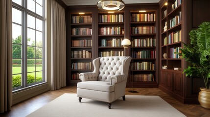 A luxurious home library with Mocha Mousse bookshelves, a tufted armchair, and antique lighting