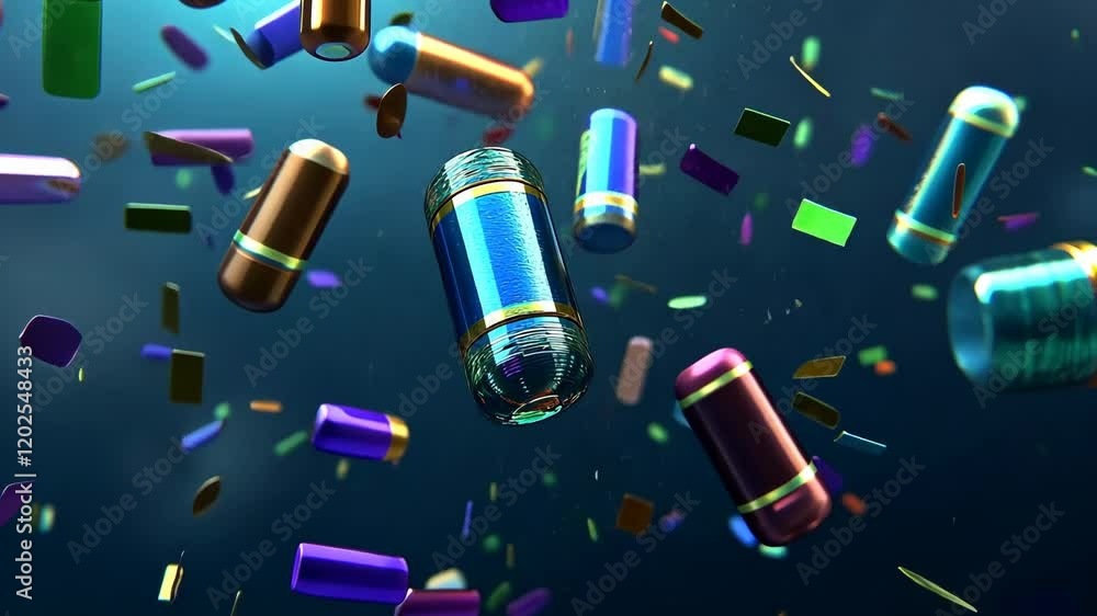 Aufkleber colorful capsules and confetti floating in a dynamic and vibrant background with illumination