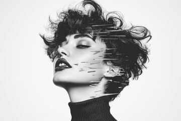 Monochrome portrait of a woman with a glitch effect