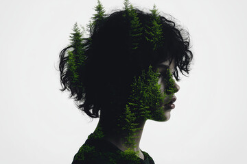 Double exposure portrait of a woman with a forest overlay