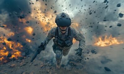 Soldier in Virtual Reality Combat Scene