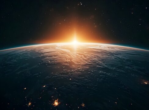 A dark planet with the sun rising on the horizon, a dark space background, a low-angle shot, high-resolution photography, incredibly detailed, fine details, an isolated plain, a stock photo, professio