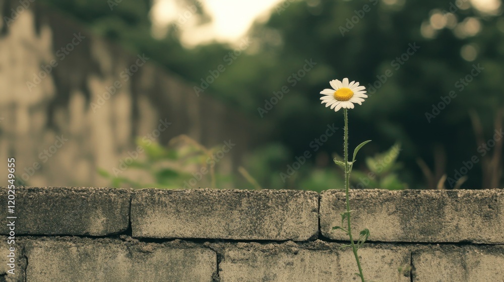 Sticker Single daisy blooming from weathered brick wall.