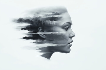 Monochrome double exposure portrait with landscape overlay