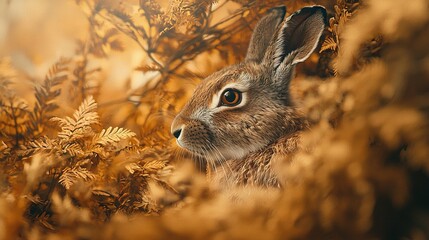 Fototapeta premium Brown rabbit in lush grass under yellow sky