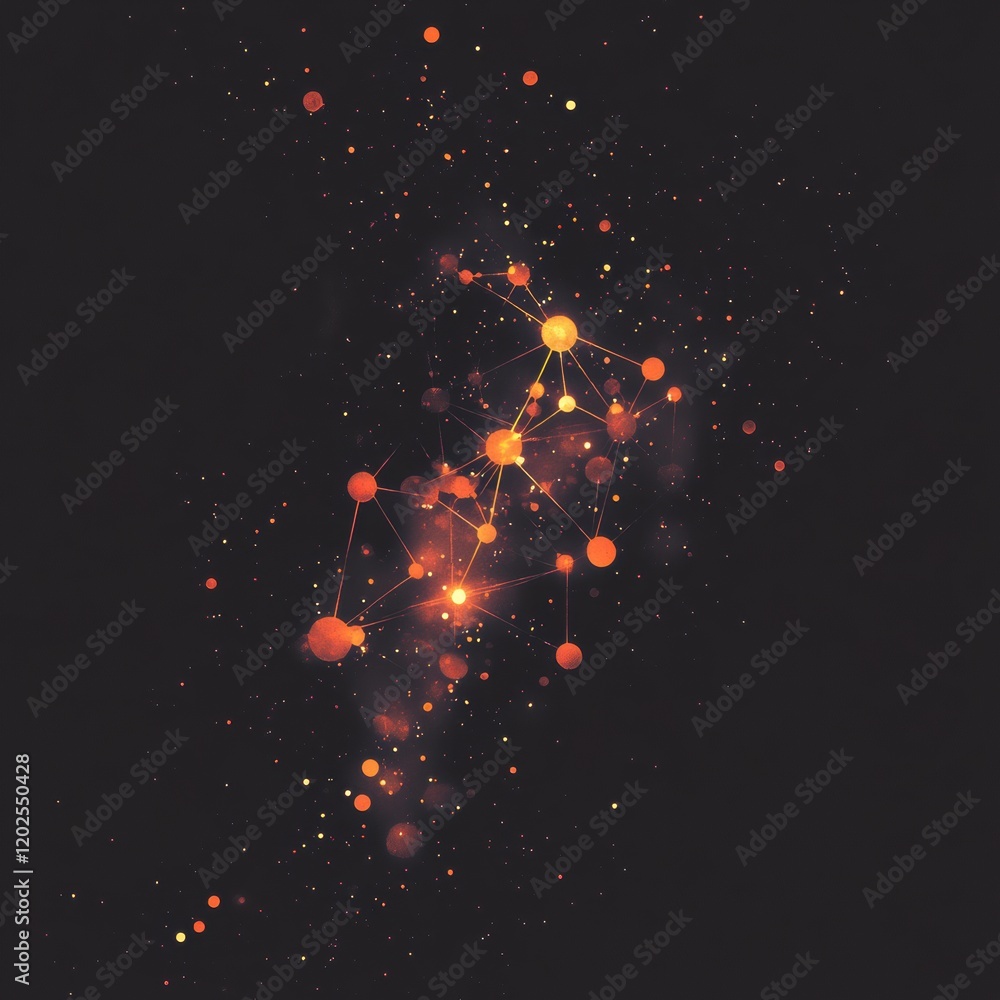 Leinwandbilder Abstract representation of particles and connections in dark space with glowing orange dots and lines. Generative AI