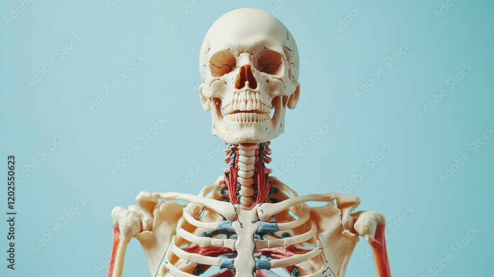 Aufkleber detailed human skeleton model displayed against a light blue backdrop in educational setting showcas