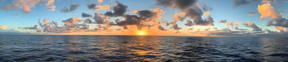 Fototapeta premium Panoramic photograph of a beautiful sunset with clouds over the ocean, taken with an iPhone 8 camera.