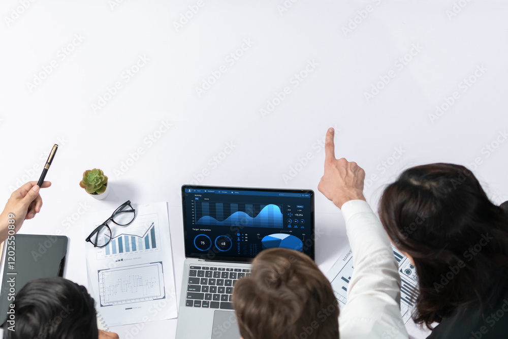 Aufkleber Panorama banner top view of office worker and businesspeople on meeting table pointing to empty space with editable blank background for customer design. Business working and meeting copyspace.Prudent