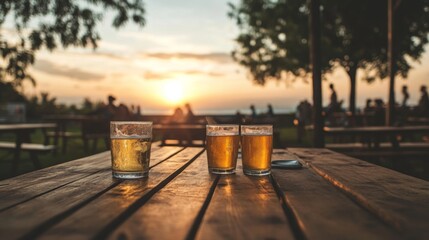 Three glasses of beer on a wooden table at sunset, overlooking a lively outdoor scene.