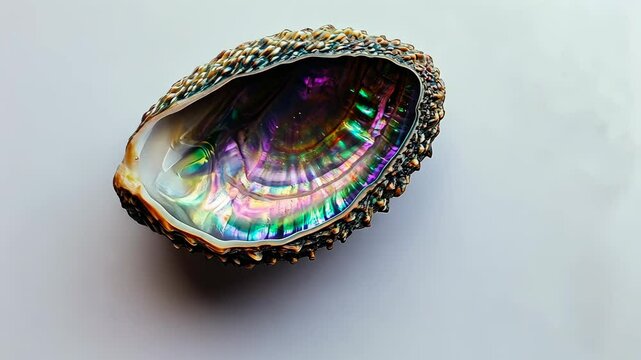 Beautifully iridescent abalone shell resting on a white surface showcasing its vibrant colors and unique texture