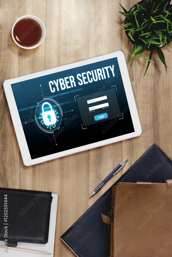 Poster cyber security system on computer screen protect private information snugly from hacker and cyber at