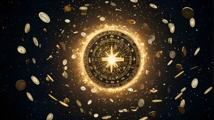 Golden Compass Wheel with Falling Coins and Glowing Particles