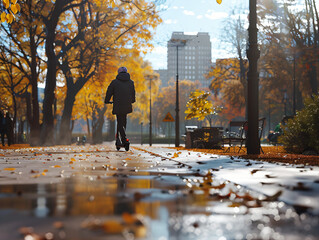 A person riding an electric scooter through a city park, highlighting eco-friendly transportation in an urban setting.