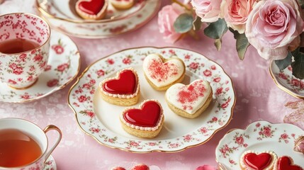 Elegant Valentine's Day tea party setup with heart shaped cookies and pink roses