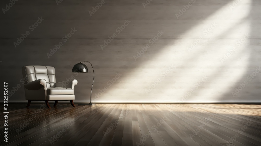 Poster A sleek white chair stands out against a dark backdrop, its form reflected in soft floor light shadow.