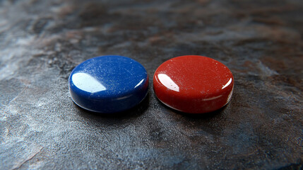 A modern digital panel with a red and blue button, two buttons separated by a box, blurred background, empty caption space on the side symbolizing chaos and control in a tech-driven world


