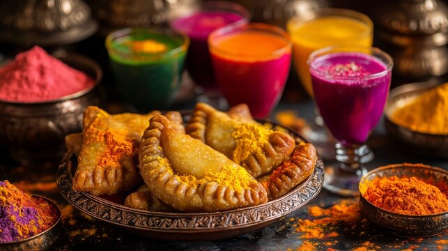 A beautifully arranged traditional Holi feast with gujiya placed on a decorative plate, surrounded by colorful thandai drinks in glasses