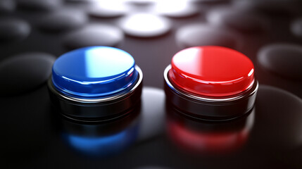 A modern digital panel with a red and blue button, two buttons separated by a box, blurred background, empty caption space on the side symbolizing chaos and control in a tech-driven world

