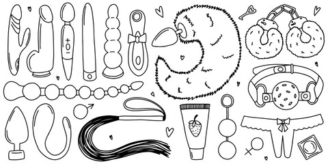 Set of sex toys doodle style. Hand drawn toys for adults sketch vector set. Doodle sex shop collection