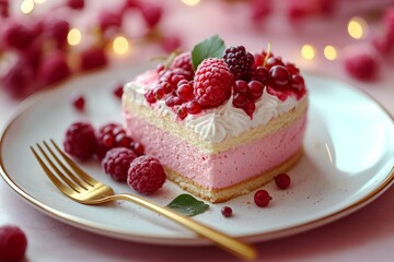 Slice of a pink cake with fresh raspberries and currants on a white plate, soft pink decor in background
