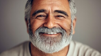 A smiling senior man with a gray beard. AI.