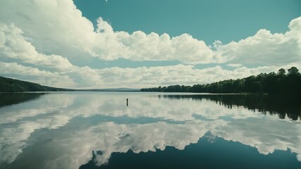 Lake Reflection with Single Figure and Cloudy Sky