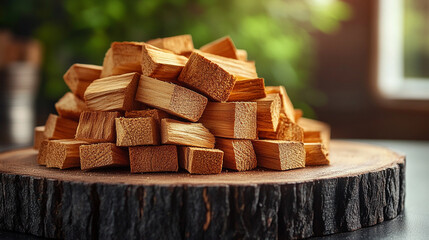 Wood chips for smoking create a textured background with natural apricot wood chunks, blurred with empty space on the side for a modern chaotic look and feel