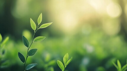 Lush green leaves in sunlight, nature background.