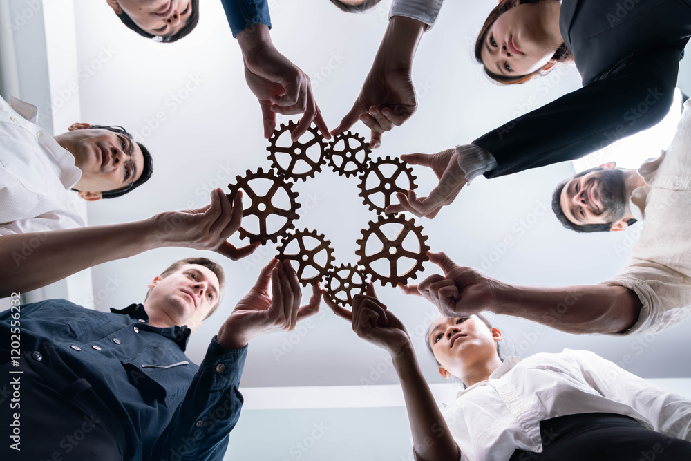 Aufkleber Business team joining cogwheel in circular together symbolize successful group of business partnership and strong collective unity teamwork in community workplace with productive efficiency. Prudent