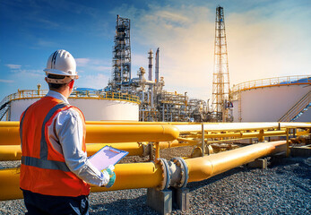 Workers visually inspect the gas pipeline, refinery, in the background the technology of the oil pipeline and storage tanks