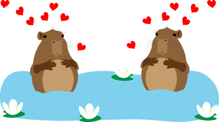 Two cute capybaras with red hearts enjoy a moment of peace while swimming in a lake with lilies