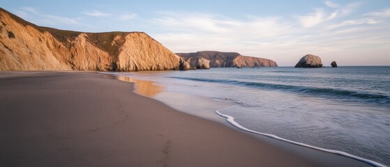A peaceful beach with gentle waves lapping at the shore, overlooked by striking cliffs under a clear blue sky.