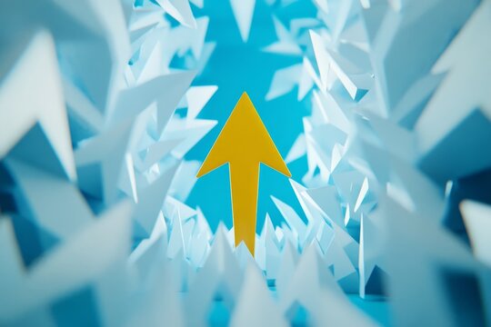 A yellow arrow leading forward among white arrows on a blue background  embracing uniqueness