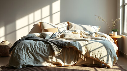 Sunlight Illuminates a Serene Bedroom: A Calming Minimalist Interior Design