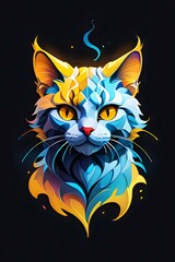 Mystical cat portrait in vibrant blue and orange gradient colors with geometric art style on black background. Perfect for modern wall art, t-shirt prints, and fantasy illustrations.
