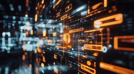 Abstract Digital Interface with Glowing Lines and Geometric Shapes Representing Data Flow