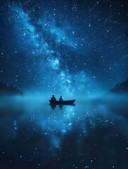Obraz premium Silhouettes of two people in a boat floating on misty lake waters beneath spectacular starry night sky with bright Milky Way galaxy perfect for astronomy, romance, or meditation themes.