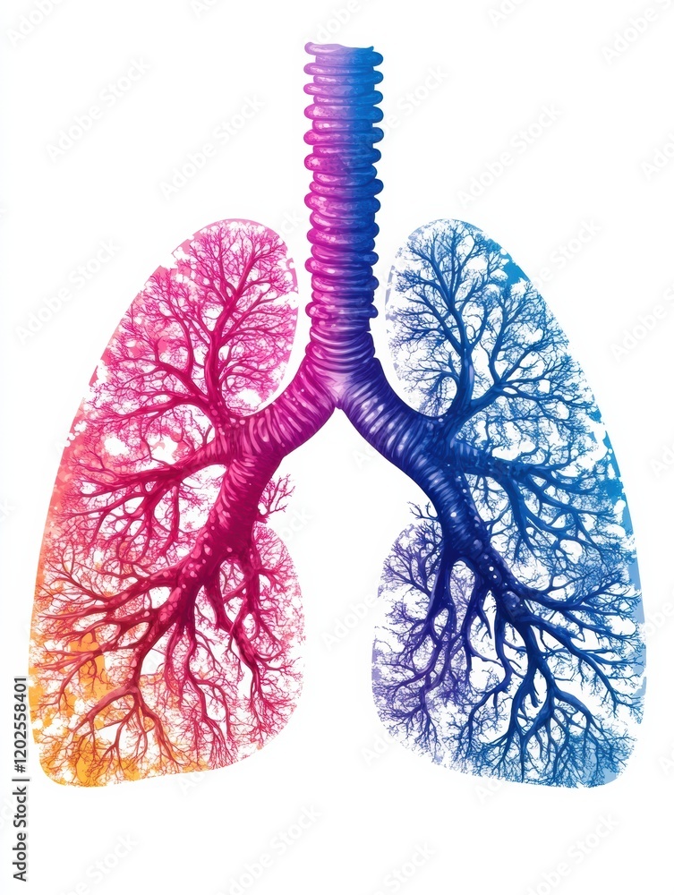 Fototapete Unique artistic representation of human lungs showcasing intricate tree like structures in vibrant colors. Generative AI