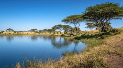Fototapeta premium Elephant by a watering hole in the African savanna