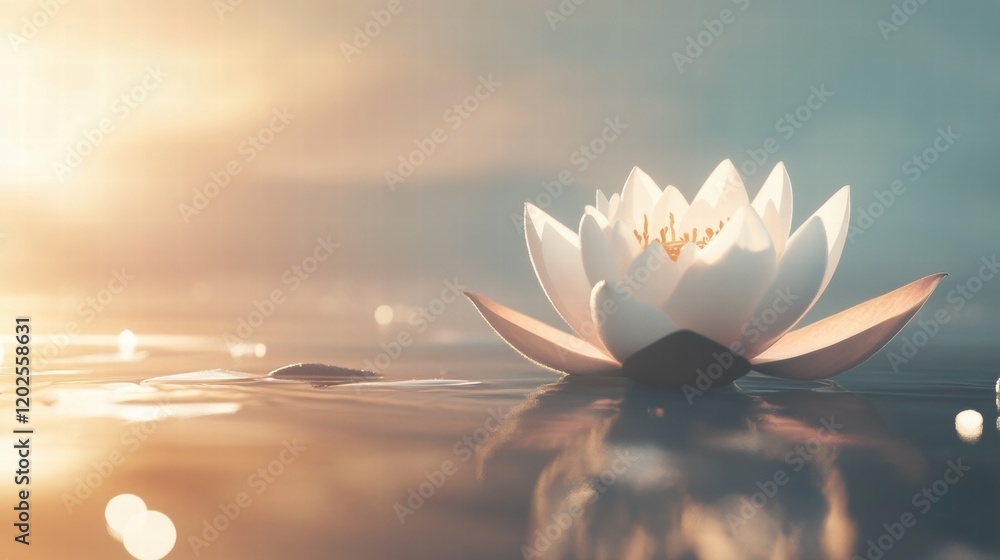 Poster white lotus flower floating on calm water during beautiful sunset in serene environment. generative 