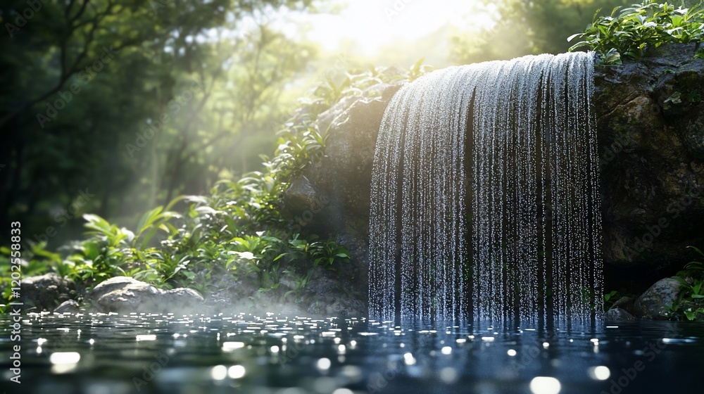 Poster Sunlit waterfall cascading over rocks into a tranquil pool in a lush green forest.