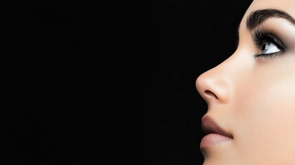Fototapeta premium Close up profile of a young woman with professional makeup looking upwards against a black background.
