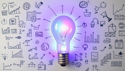 Colorful lightbulb, brain inside, idea concept, hand-drawn business icons, white background