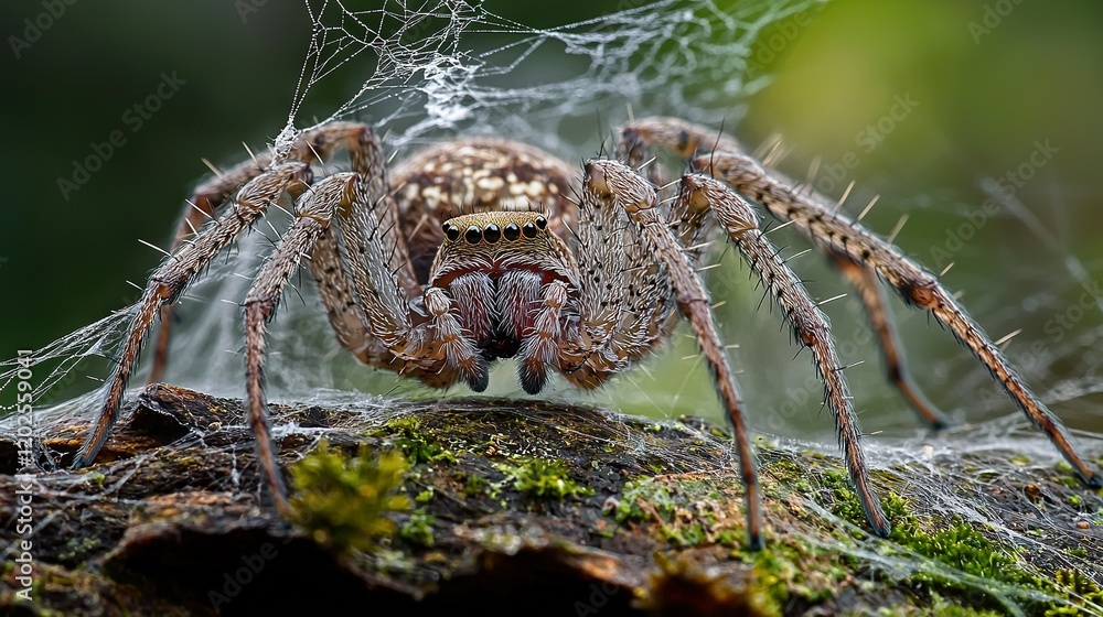 Wall mural a close-up image of a spider perched on a rock with its web extending from its body in the center